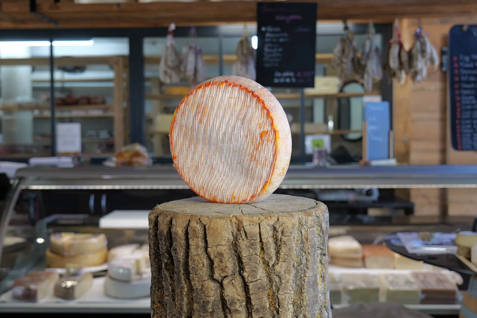 Fromage affiné présenté sur une bille de bois